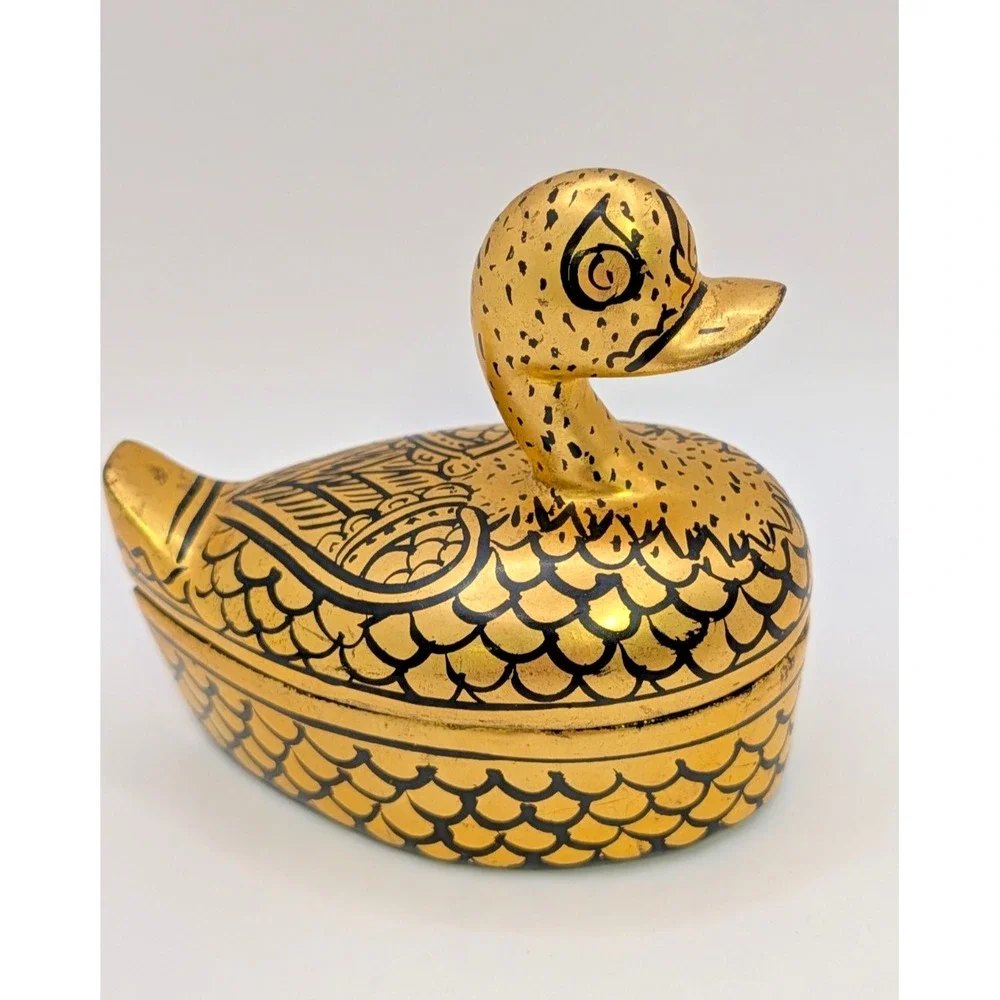 Vintage Wooden Black Lacquer & Gold Gilt Duck Keepsake/Trinket Box